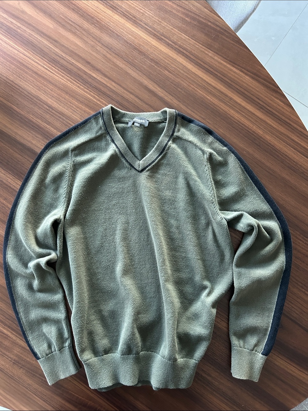 Express Men’s Olive V-Neck Sweater with Black Shoulder Stripe